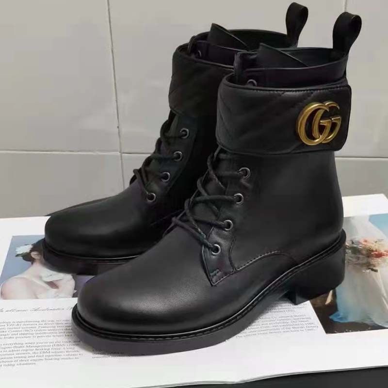 Gucci GG Women’s Ankle Boot Double G Black Leather Tonal Matelassé