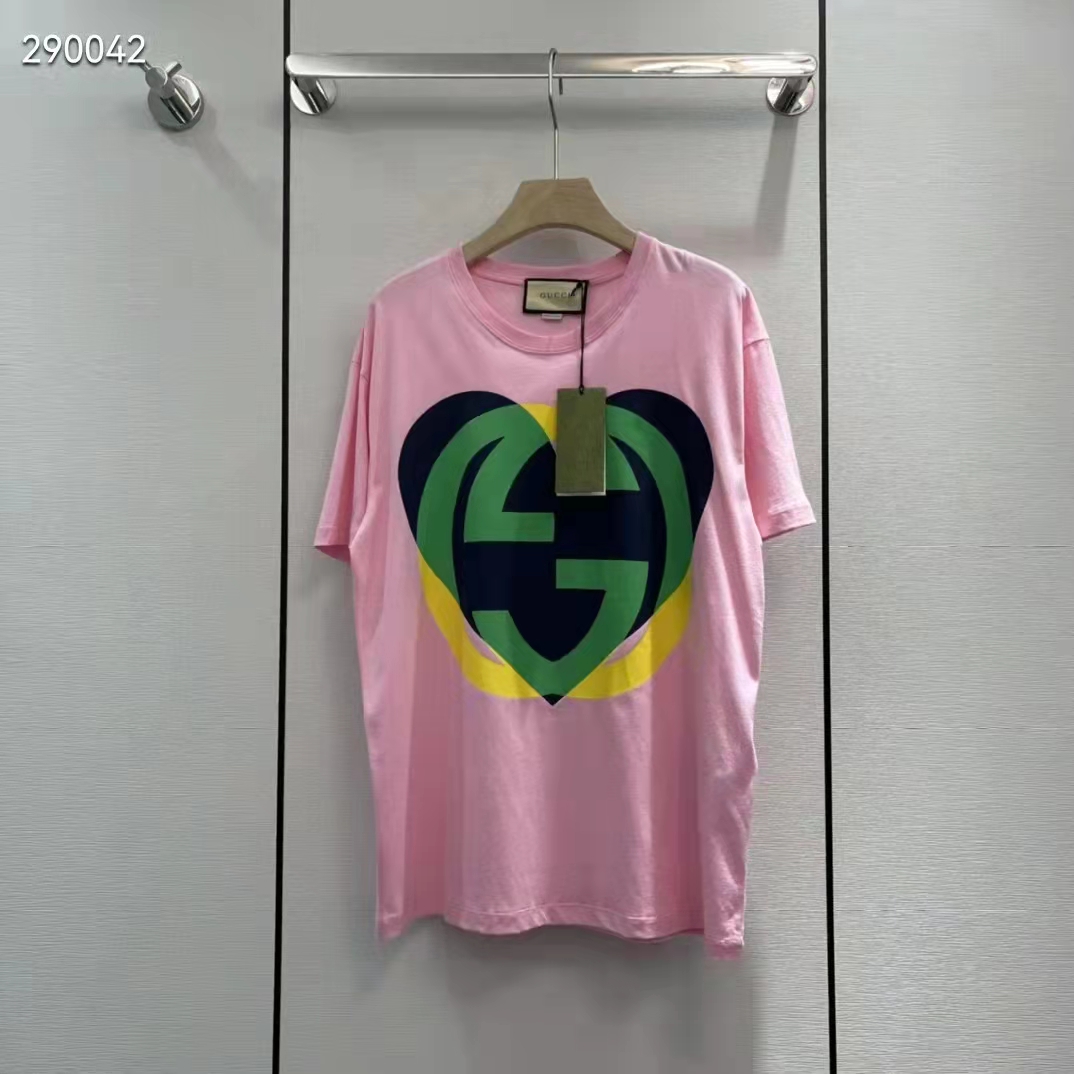 Gucci Women GG Interlocking G Heart T-Shirt Pink Cotton Jersey Crewneck Oversize Fit