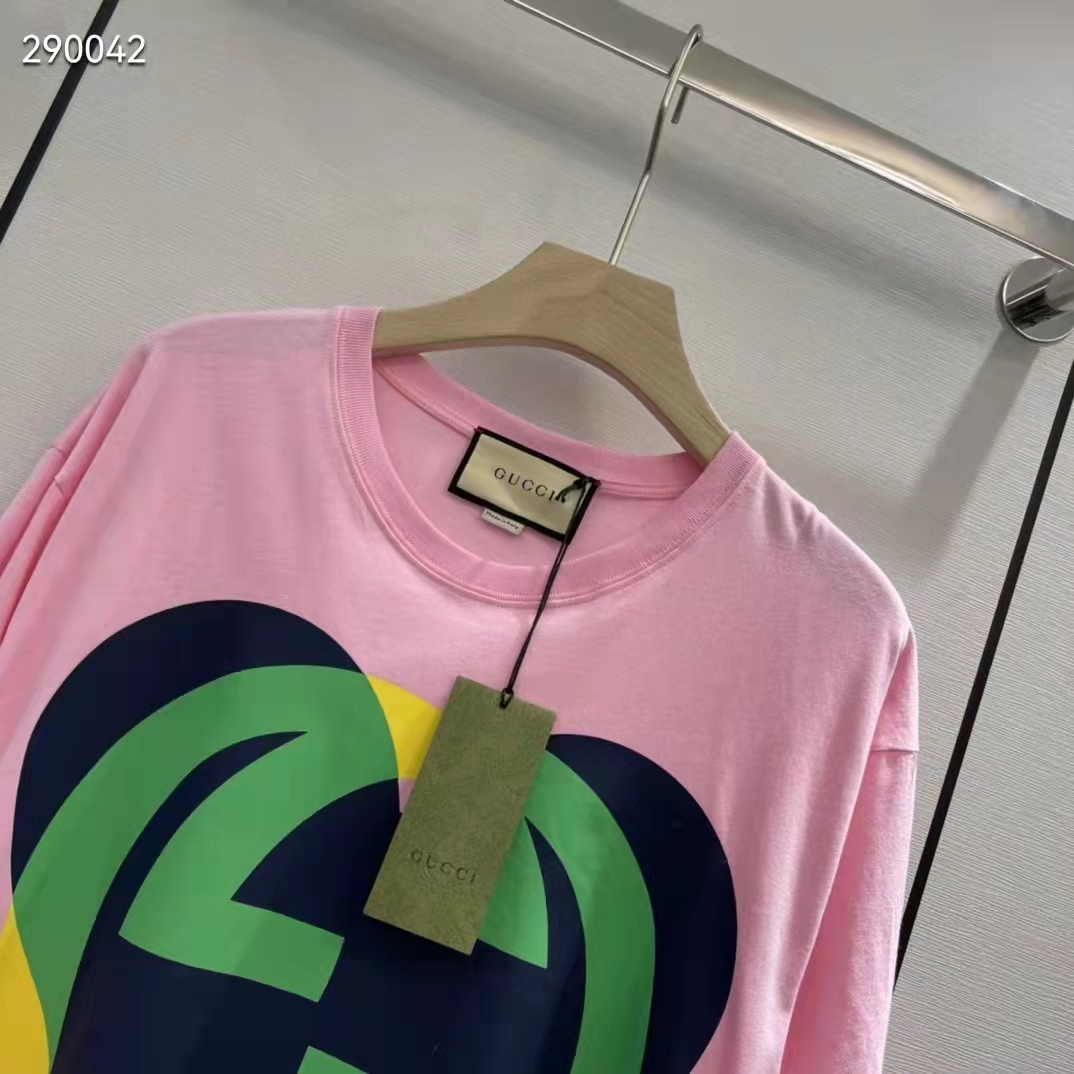 Gucci Women GG Interlocking G Heart T-Shirt Pink Cotton Jersey Crewneck Oversize Fit
