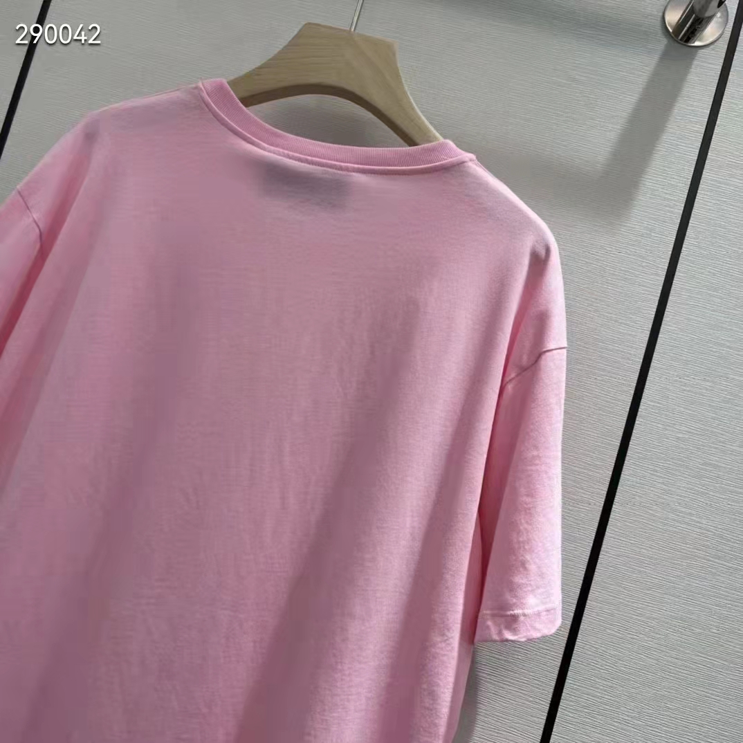 Gucci Women GG Interlocking G Heart T-Shirt Pink Cotton Jersey Crewneck Oversize Fit