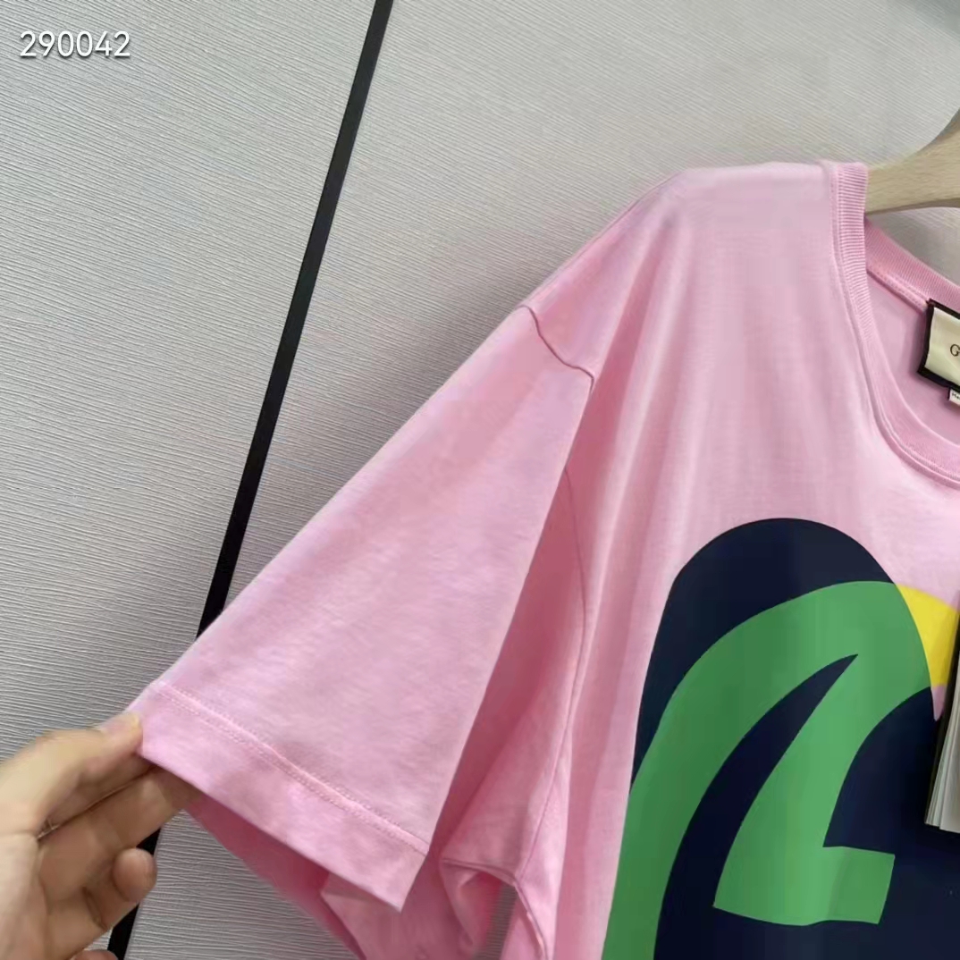 Gucci Women GG Interlocking G Heart T-Shirt Pink Cotton Jersey Crewneck Oversize Fit