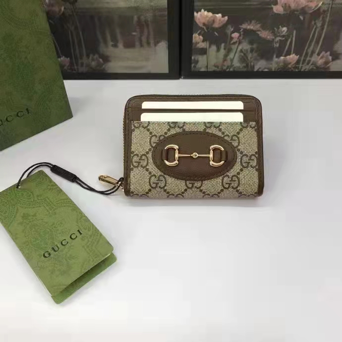 Gucci Unisex 1955 Horsebit Card Case Wallet Beige Ebony GG Supreme Canvas