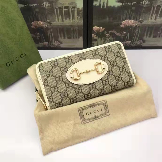 Gucci Unisex 1955 Horsebit Zip Around Wallet Beige Ebony GG Supreme Canvas