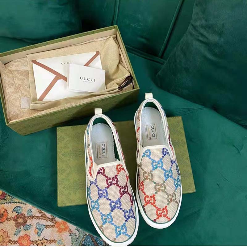 Gucci Unisex Espadrille Multicolor GG Linen Canvas Cord Platform Rubber Bottom
