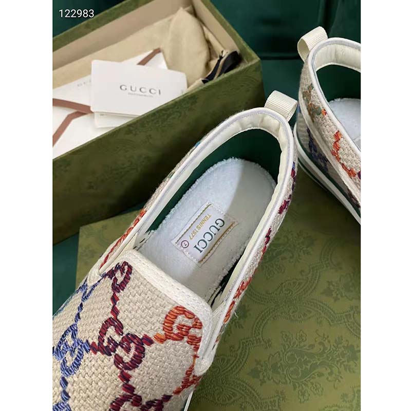 Gucci Unisex Espadrille Multicolor GG Linen Canvas Cord Platform Rubber Bottom