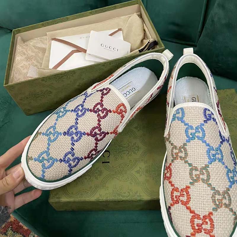 Gucci Unisex Espadrille Multicolor GG Linen Canvas Cord Platform Rubber Bottom