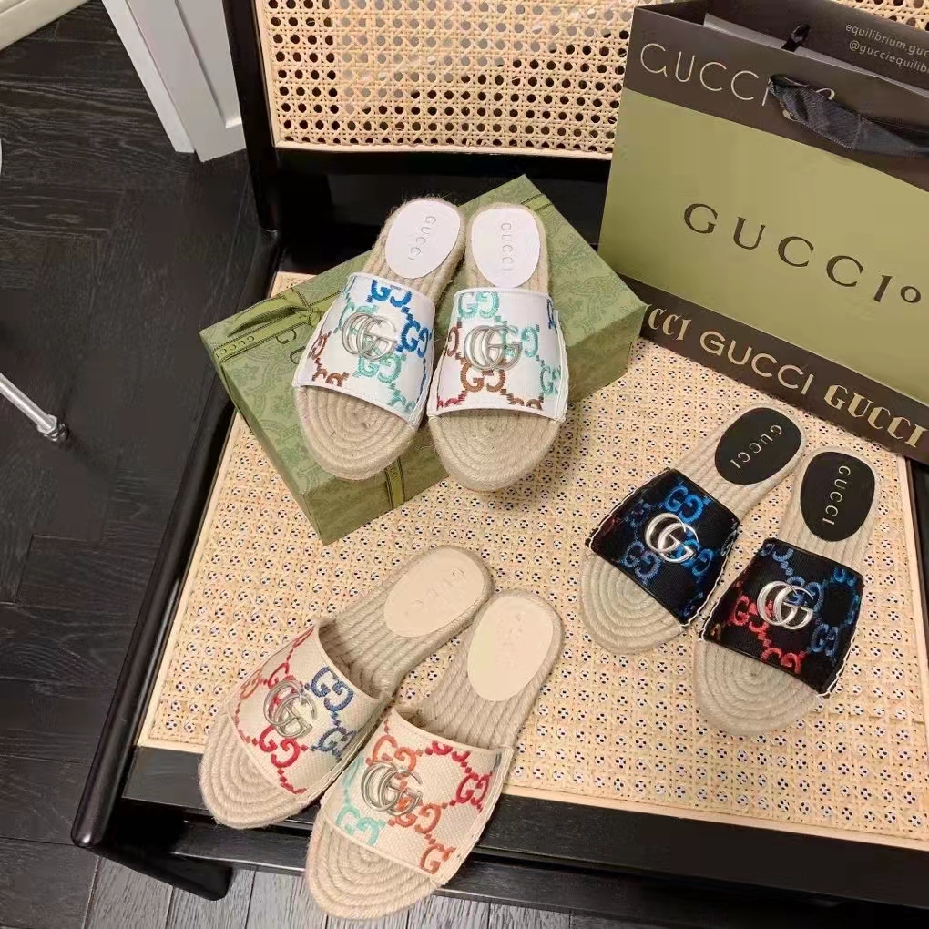 Gucci Unisex GG Espadrille Slides Multicolor GG Linen Canvas 2cm Heel
