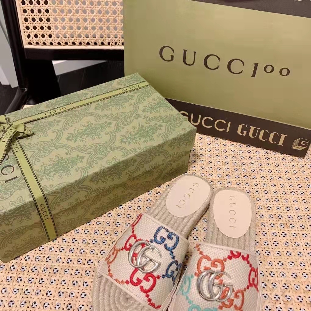 Gucci Unisex GG Espadrille Slides Multicolor GG Linen Canvas 2cm Heel