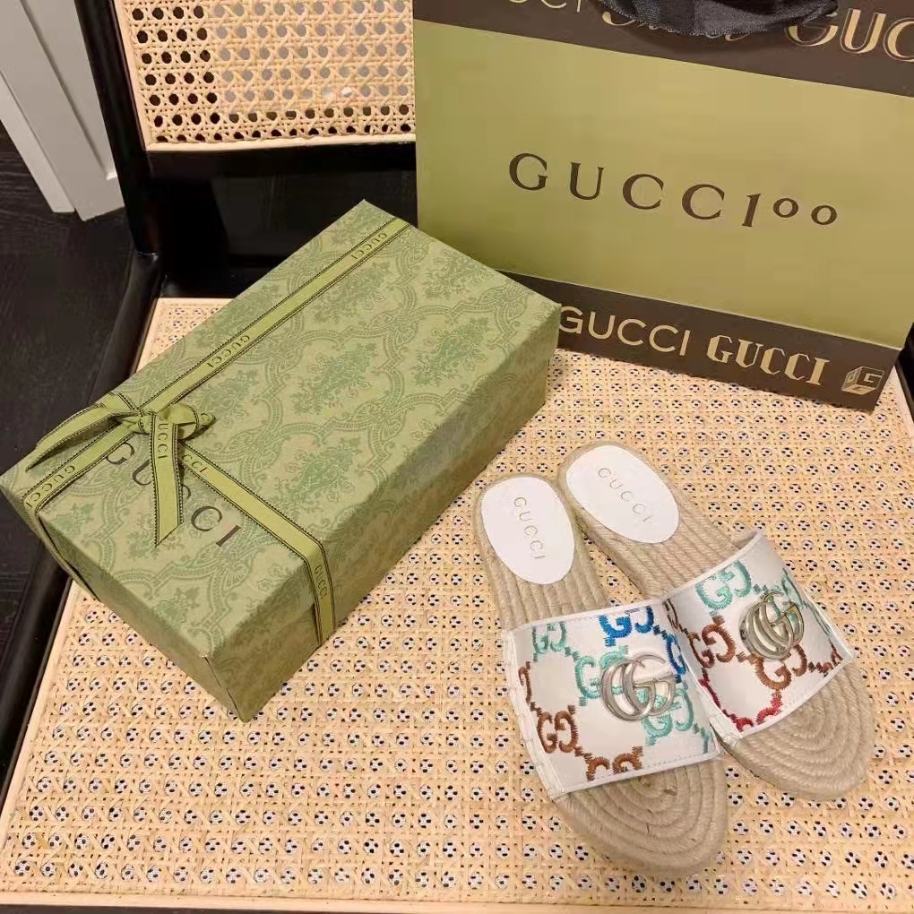 Gucci Unisex GG Espadrille Slides Multicolor GG Linen Canvas 2cm Heel