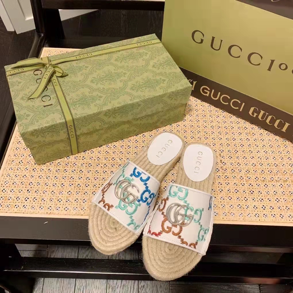 Gucci Unisex GG Espadrille Slides Multicolor GG Linen Canvas 2cm Heel