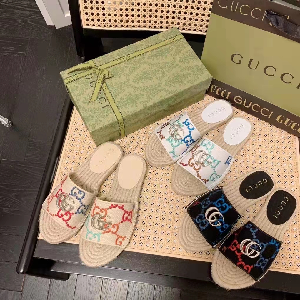 Gucci Unisex GG Espadrille Slides Multicolor GG Linen Canvas 2cm Heel