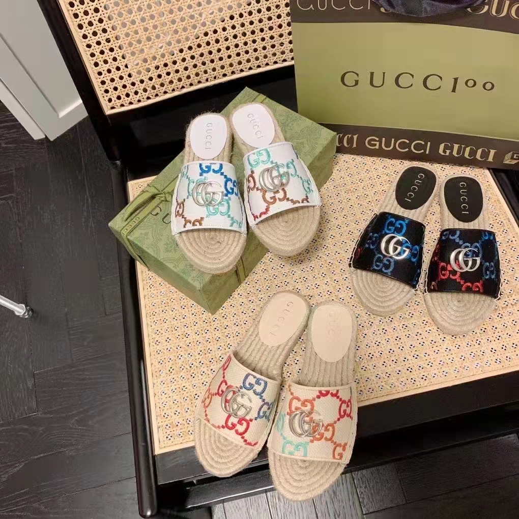 Gucci Unisex GG Espadrille Slides Multicolor GG Linen Canvas 2cm Heel