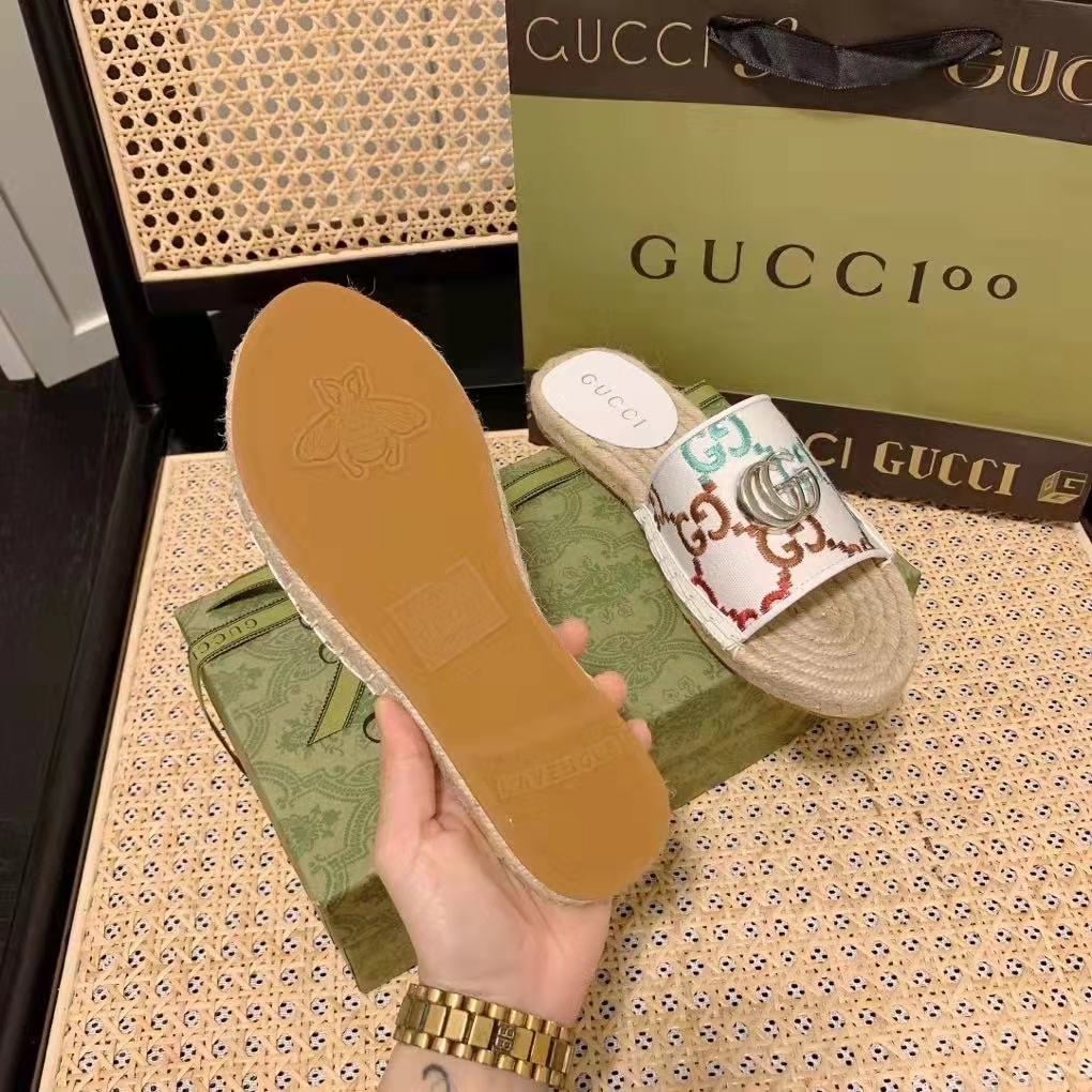 Gucci Unisex GG Espadrille Slides Multicolor GG Linen Canvas 2cm Heel