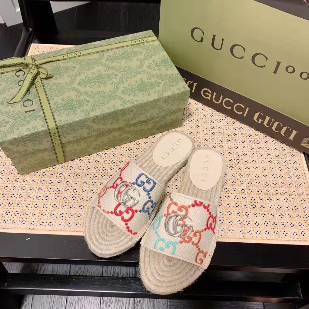 Gucci Unisex GG Espadrille Slides Multicolor GG Linen Canvas 2cm Heel