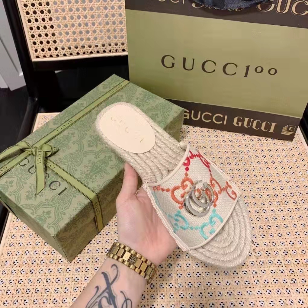 Gucci Unisex GG Espadrille Slides Multicolor GG Linen Canvas 2cm Heel