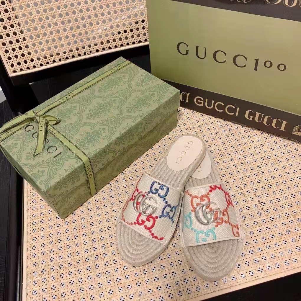 Gucci Unisex GG Espadrille Slides Multicolor GG Linen Canvas 2cm Heel