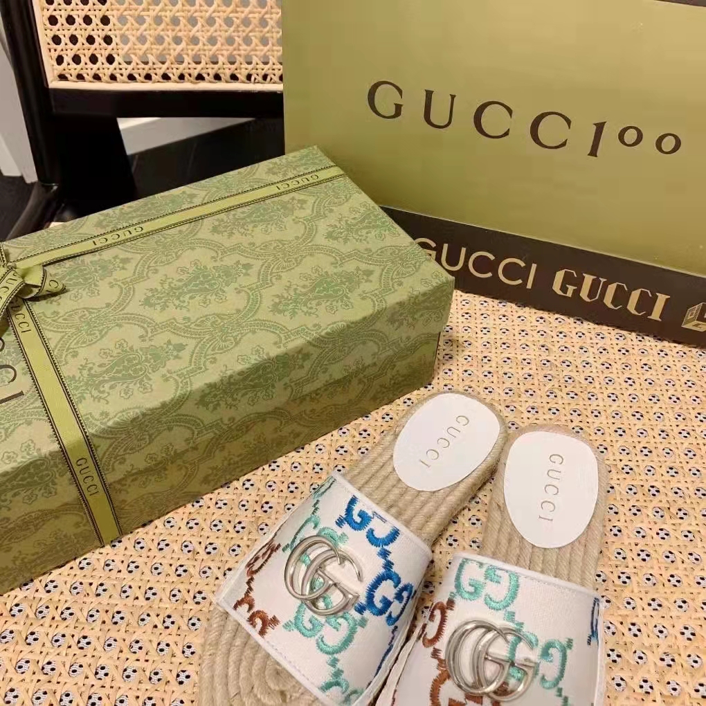 Gucci Unisex GG Espadrille Slides Multicolor GG Linen Canvas 2cm Heel