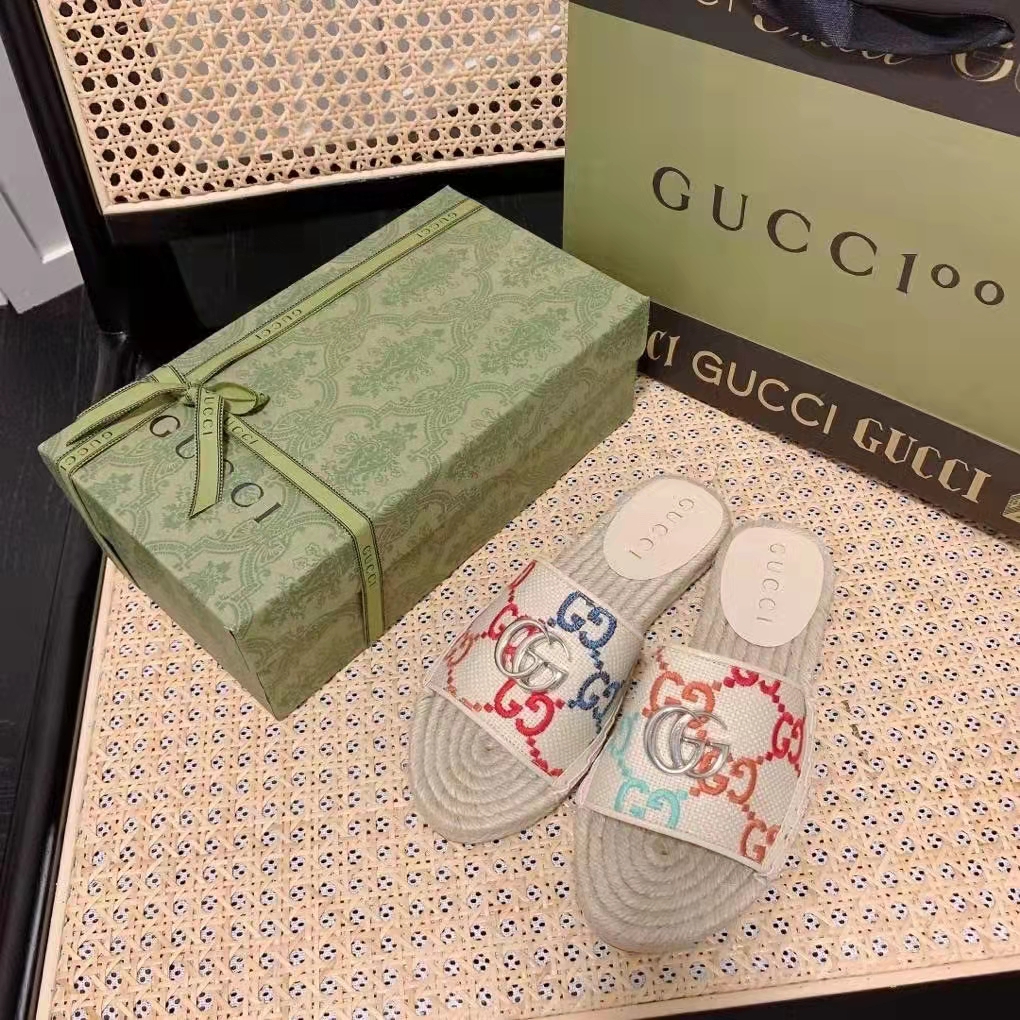 Gucci Unisex GG Espadrille Slides Multicolor GG Linen Canvas 2cm Heel