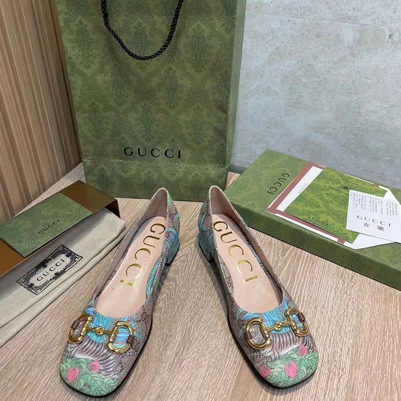 Gucci Women GG Tiger Ballet Flat Horsebit Tiger Flower Beige Ebony Supreme Canvas