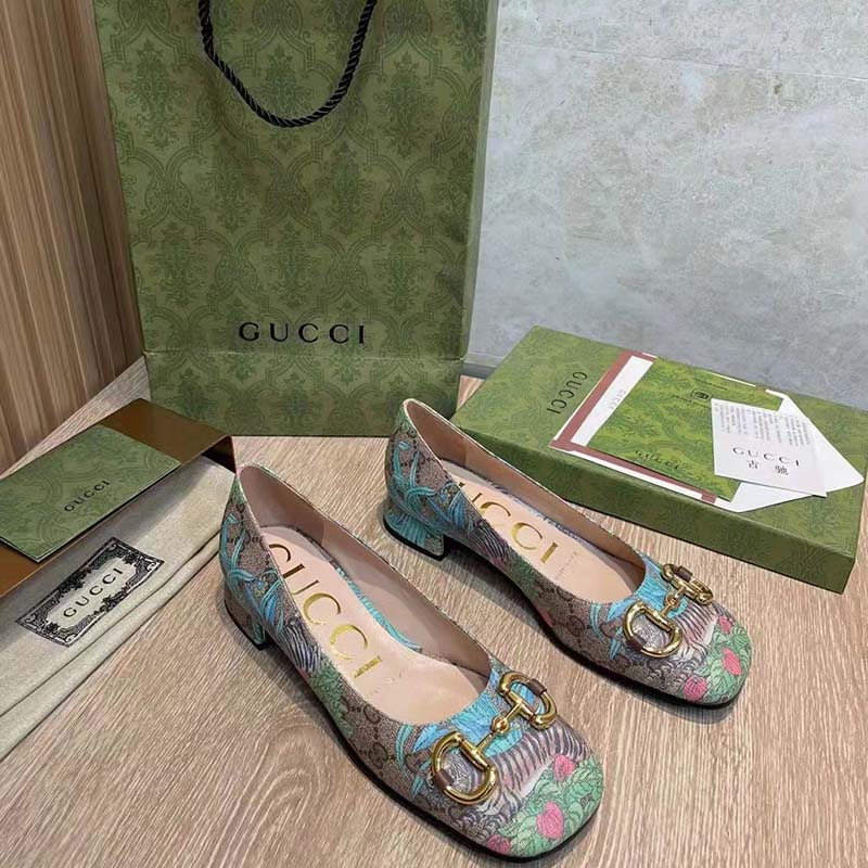 Gucci Women GG Tiger Ballet Flat Horsebit Tiger Flower Beige Ebony Supreme Canvas