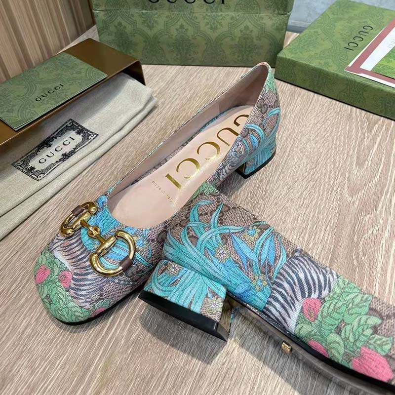 Gucci Women GG Tiger Ballet Flat Horsebit Tiger Flower Beige Ebony Supreme Canvas