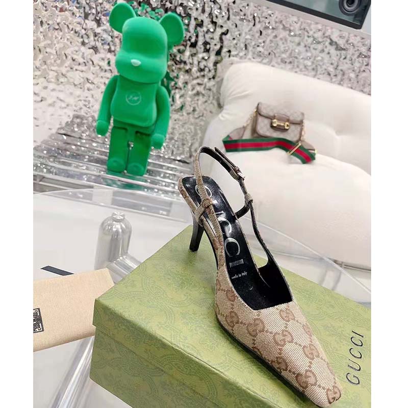 Gucci Women GG Slingback Pump Beige Ebony Original GG Canvas 8 cm Heel