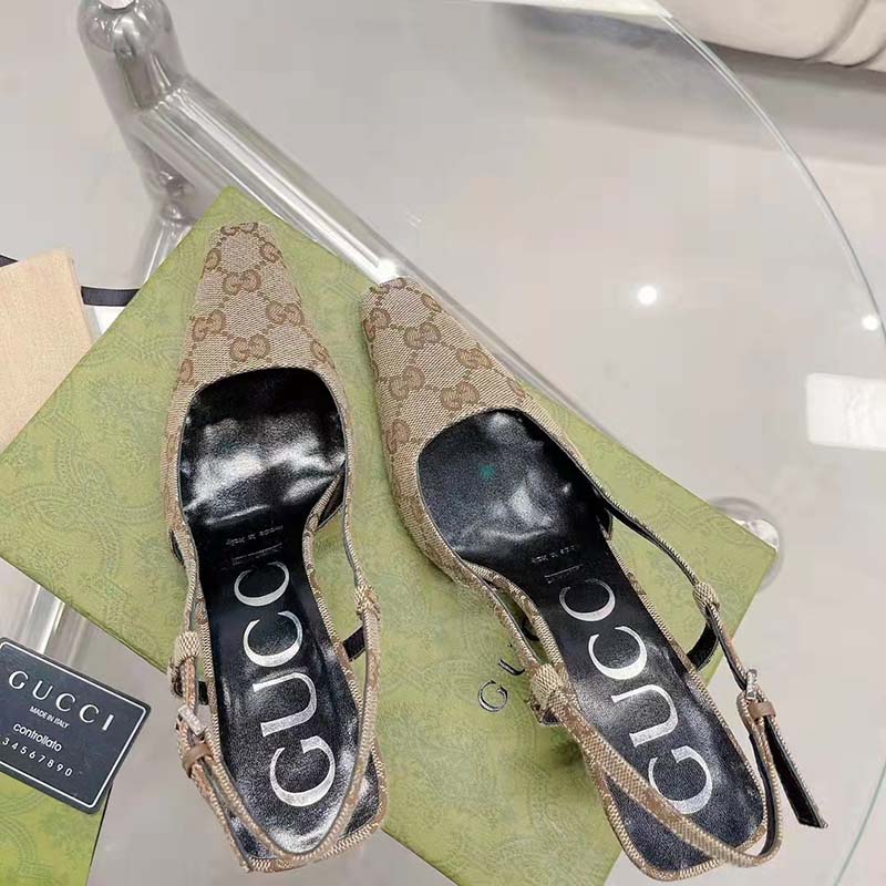 Gucci Women GG Slingback Pump Beige Ebony Original GG Canvas 8 cm Heel