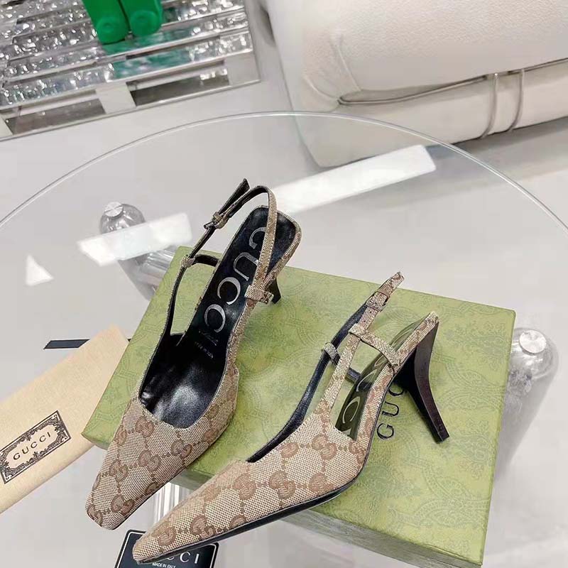Gucci Women GG Slingback Pump Beige Ebony Original GG Canvas 8 cm Heel