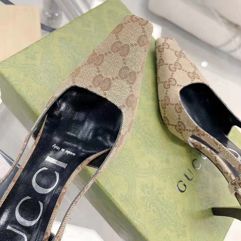 Gucci Women GG Slingback Pump Beige Ebony Original GG Canvas 8 cm Heel