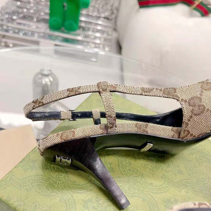 Gucci Women GG Slingback Pump Beige Ebony Original GG Canvas 8 cm Heel