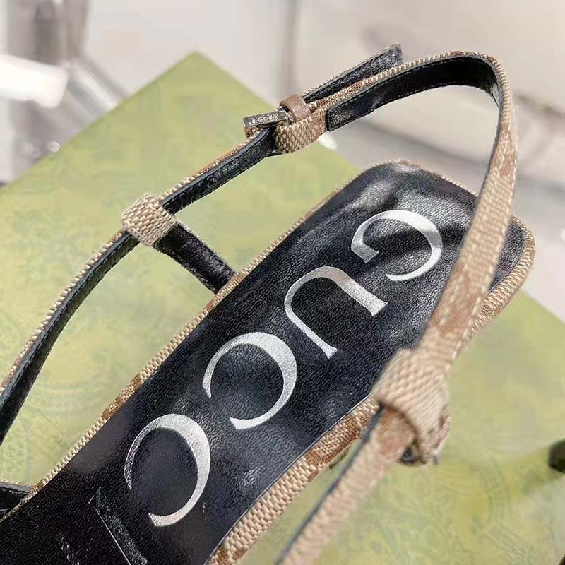 Gucci Women GG Slingback Pump Beige Ebony Original GG Canvas 8 cm Heel