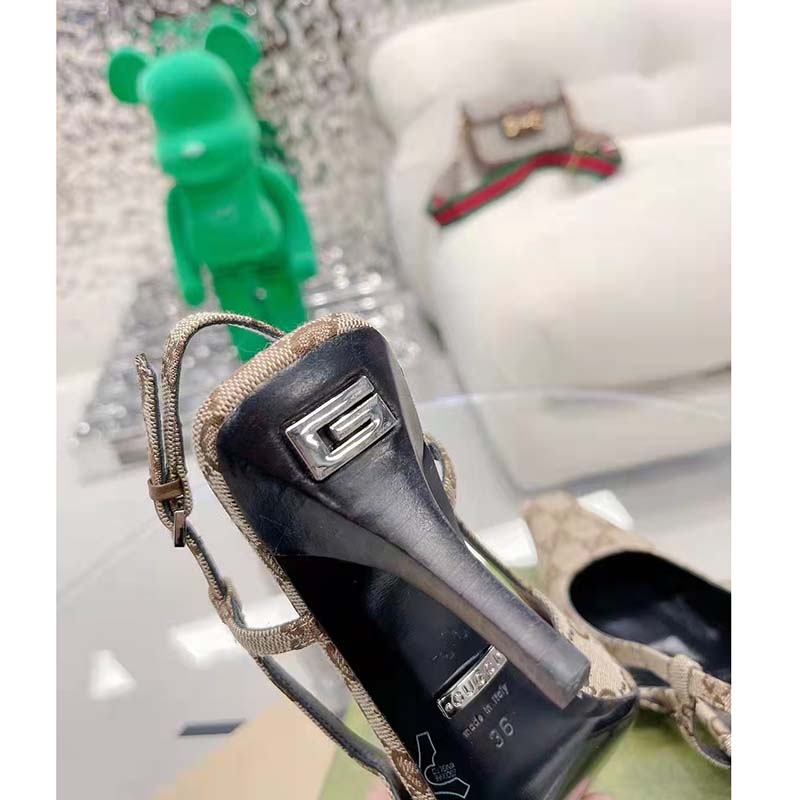 Gucci Women GG Slingback Pump Beige Ebony Original GG Canvas 8 cm Heel