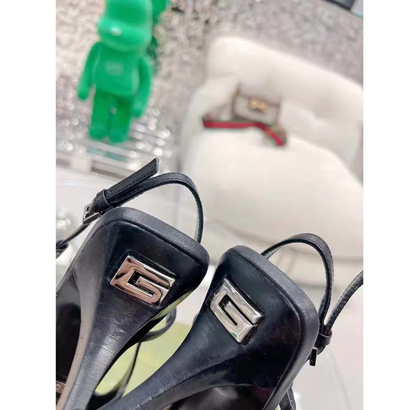 Gucci Women GG Slingback Pump Black Leather Back Ankle Buckle 8 cm Heel