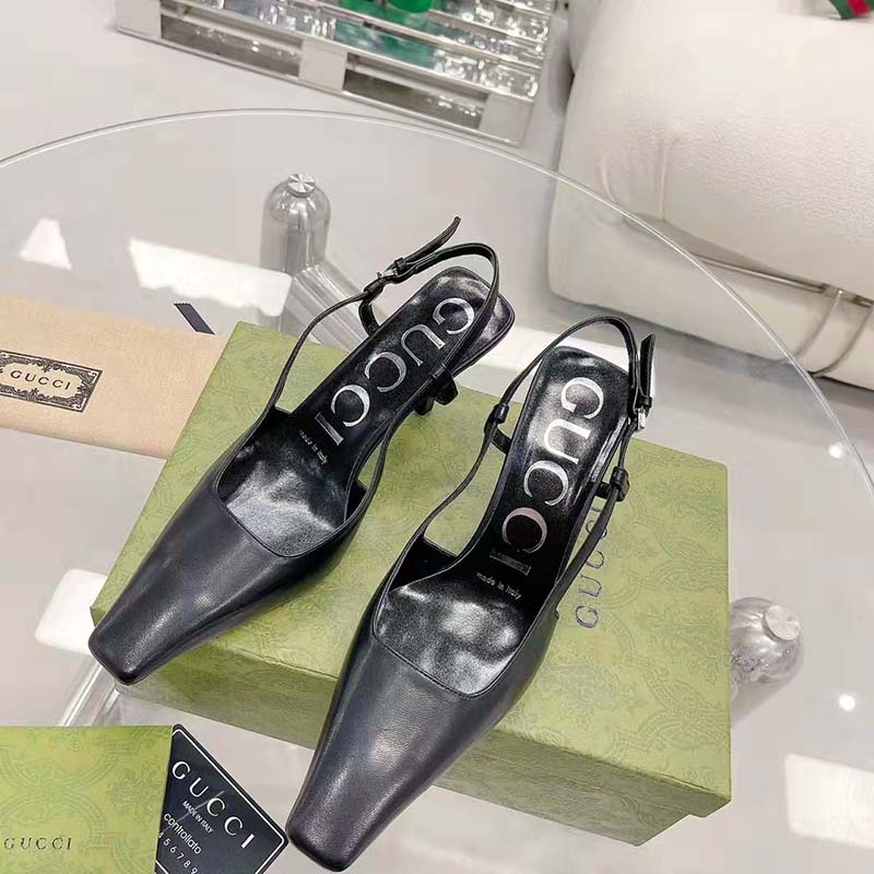 Gucci Women GG Slingback Pump Black Leather Back Ankle Buckle 8 cm Heel