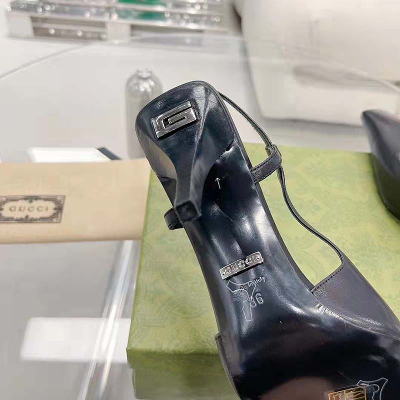 Gucci Women GG Slingback Pump Black Leather Back Ankle Buckle 8 cm Heel