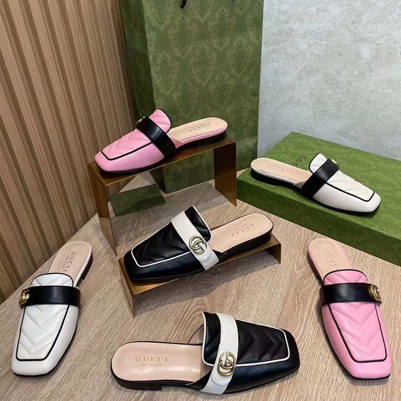 Gucci Women GG Slipper Double G Pink Leather Matelassé Chevron Insert