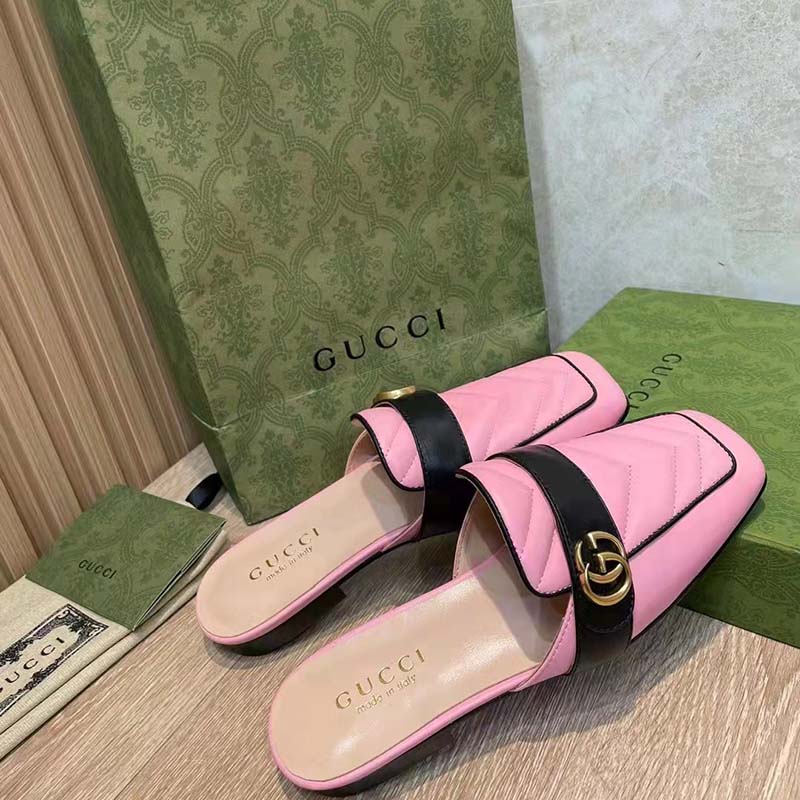 Gucci Women GG Slipper Double G Pink Leather Matelassé Chevron Insert