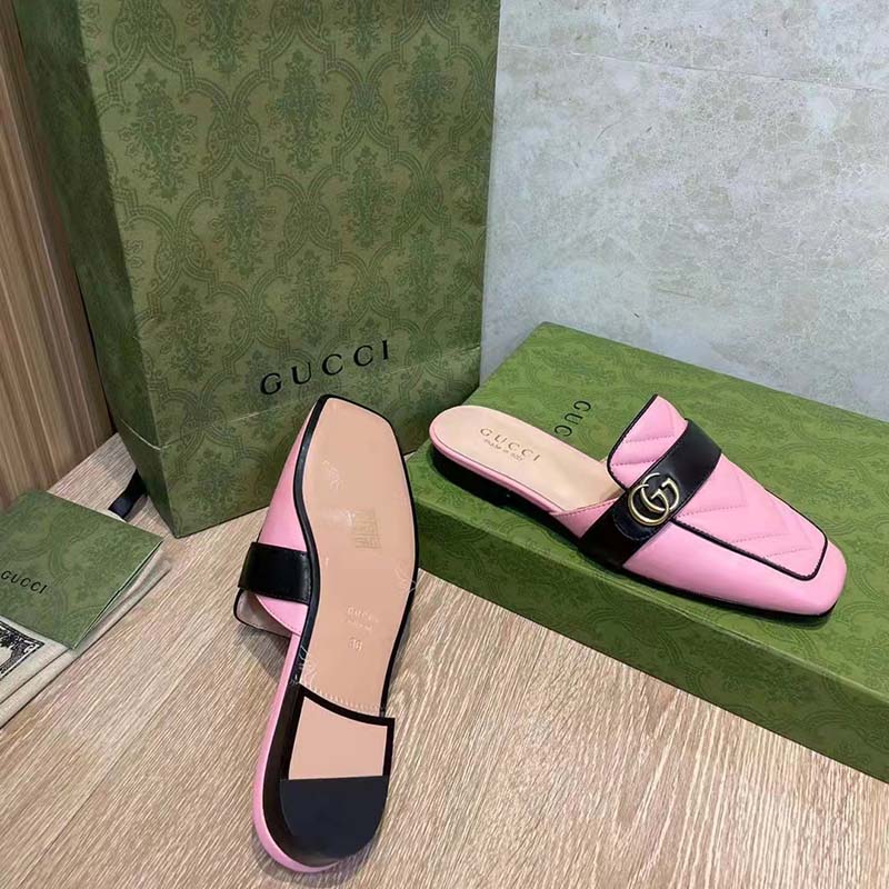 Gucci Women GG Slipper Double G Pink Leather Matelassé Chevron Insert