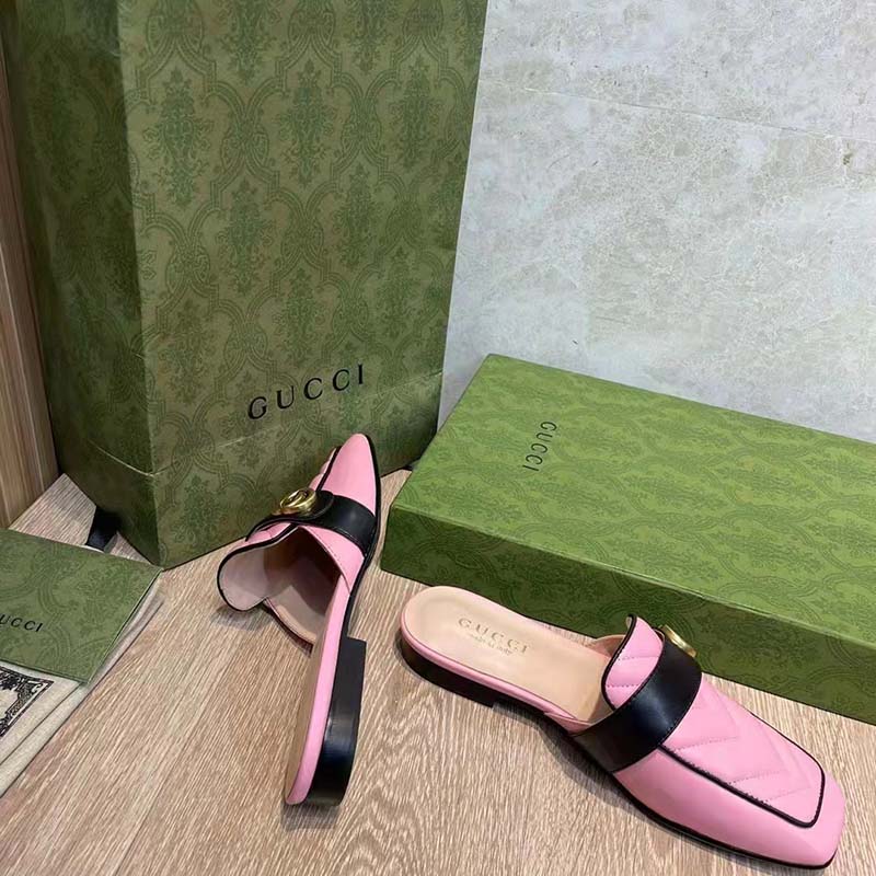 Gucci Women GG Slipper Double G Pink Leather Matelassé Chevron Insert