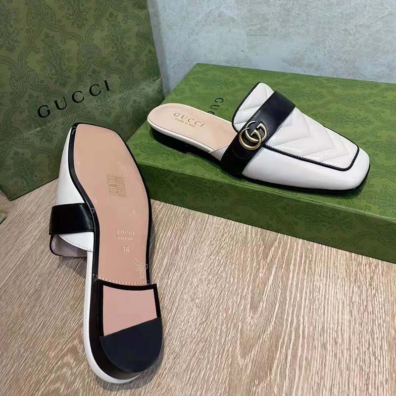 Gucci Women GG Slipper Double G White Leather Matelassé Chevron Insert