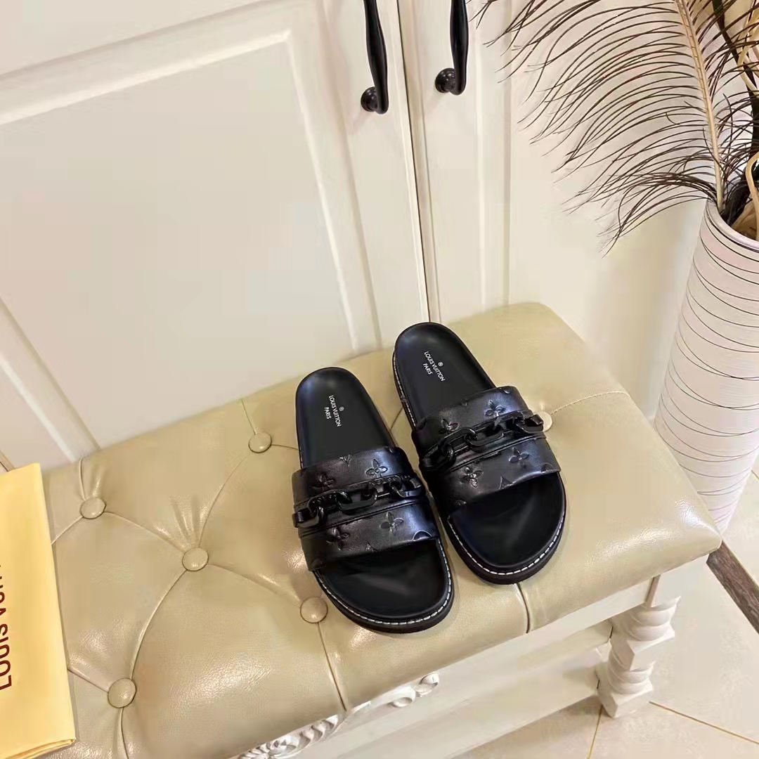 Louis Vuitton Unisex Sunset Flat Comfort Mule Black Monogram Embossed Calf Leather