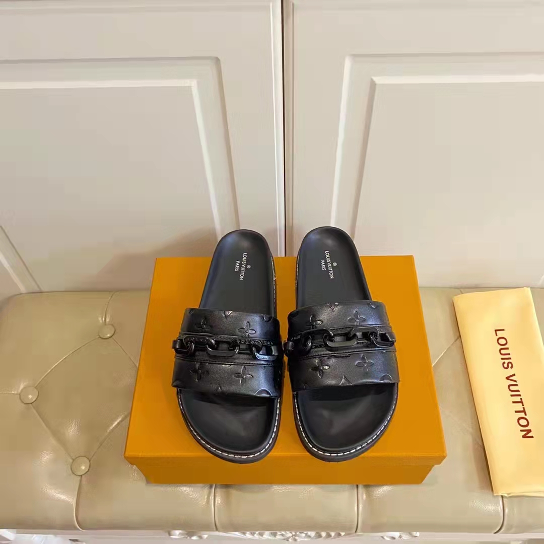 Louis Vuitton Unisex Sunset Flat Comfort Mule Black Monogram Embossed Calf Leather