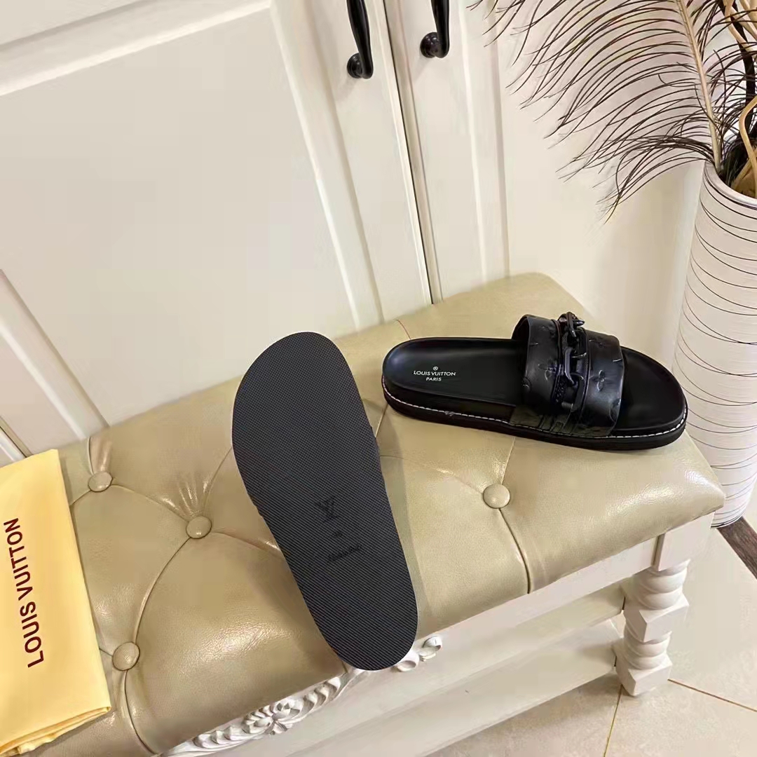 Louis Vuitton Unisex Sunset Flat Comfort Mule Black Monogram Embossed Calf Leather