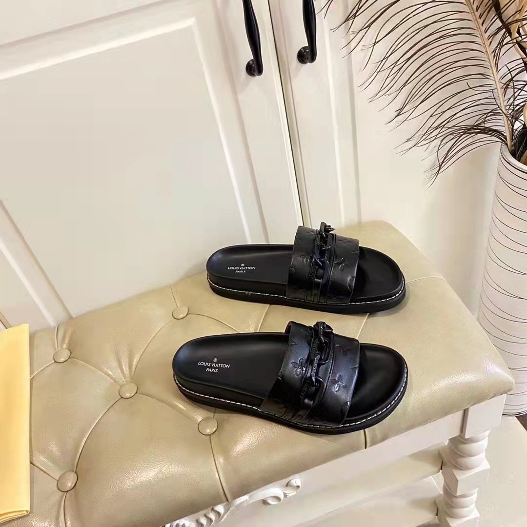 Louis Vuitton Unisex Sunset Flat Comfort Mule Black Monogram Embossed Calf Leather