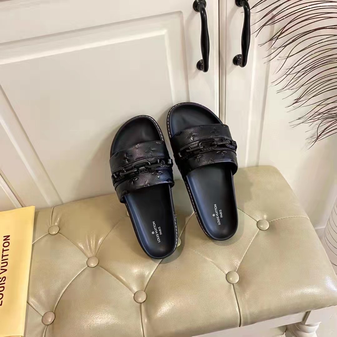 Louis Vuitton Unisex Sunset Flat Comfort Mule Black Monogram Embossed Calf Leather