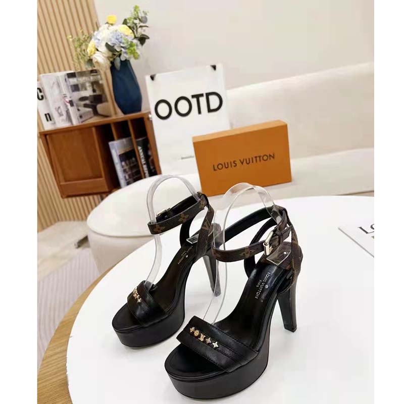 Louis Vuitton Women Afterglow Platform Sandal Black Calf Leather Patent Monogram Canvas