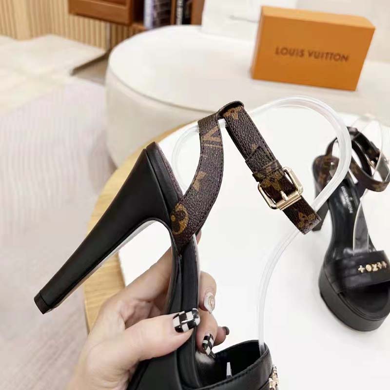 Louis Vuitton Women Afterglow Platform Sandal Black Calf Leather Patent Monogram Canvas