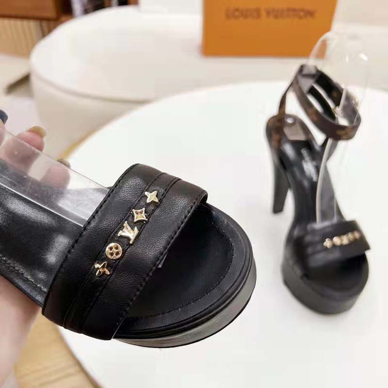 Louis Vuitton Women Afterglow Platform Sandal Black Calf Leather Patent Monogram Canvas