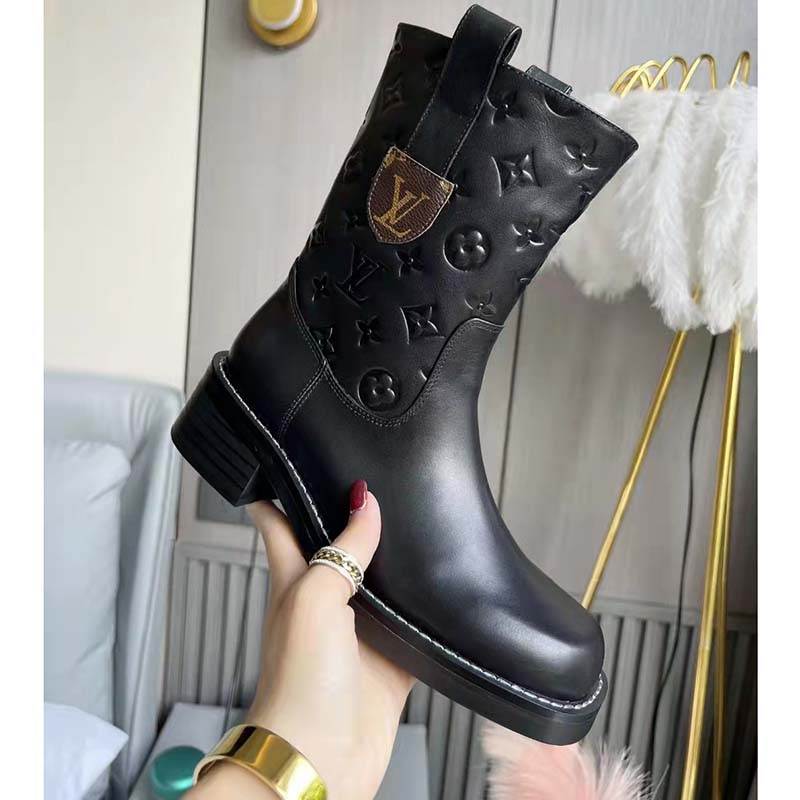 Louis Vuitton Women Downtown Ankle Boot Black Embossed Calf Leather 3 cm Heel