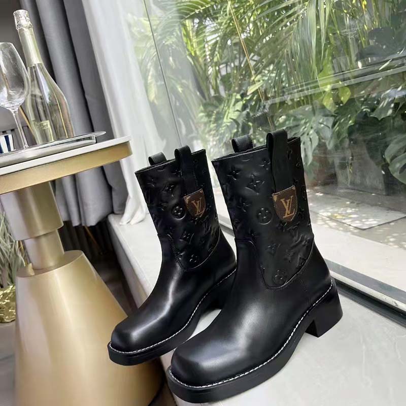 Louis Vuitton Women Downtown Ankle Boot Black Embossed Calf Leather 3 cm Heel